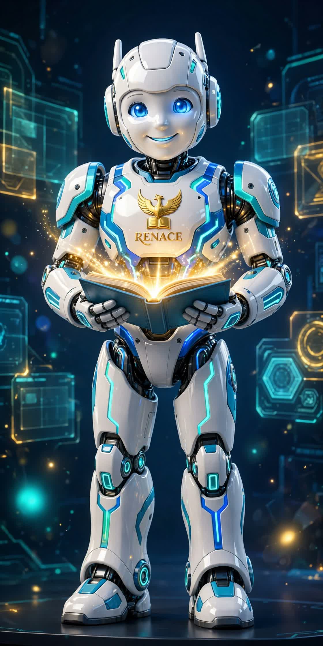 Robot Maestro blanco con el fénix dorado y el libro